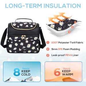 TOURIT Dual Compartment Lunch Bag Women Insulated Lunch Box Cooler Bag for Men, Women, Work, Picnic, Black with Daisy