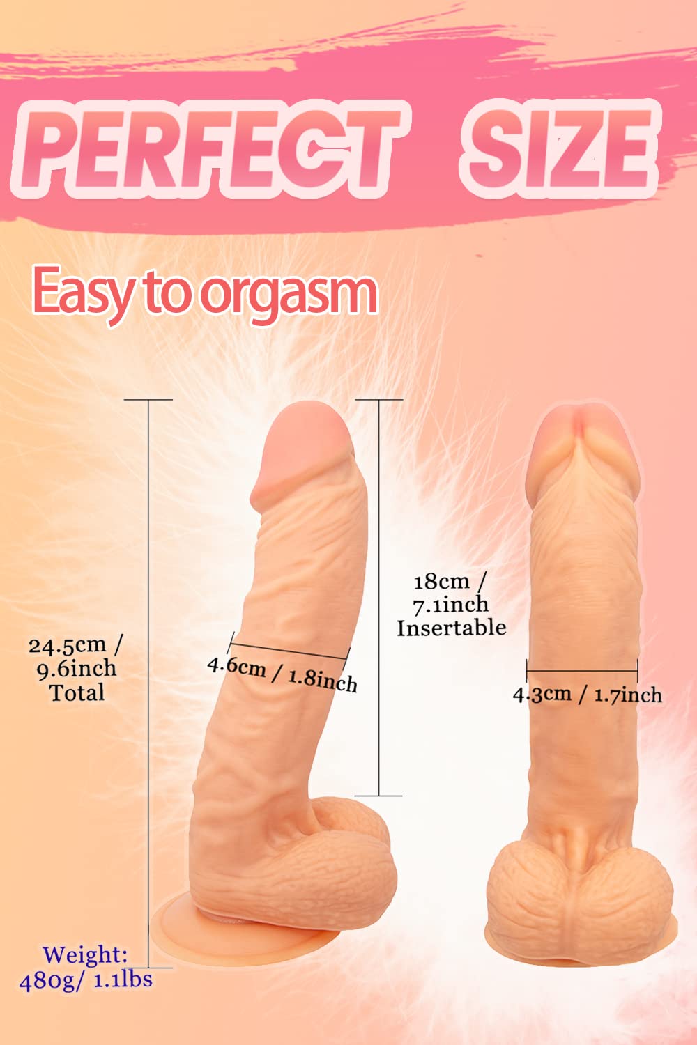 9.6 Inch Realistic Dildo, Body-Safe Material Lifelike Huge Penis with Strong Suction Cup for Hands-Free Play, for Vaginal G-spot and Anal Play Flesh Color