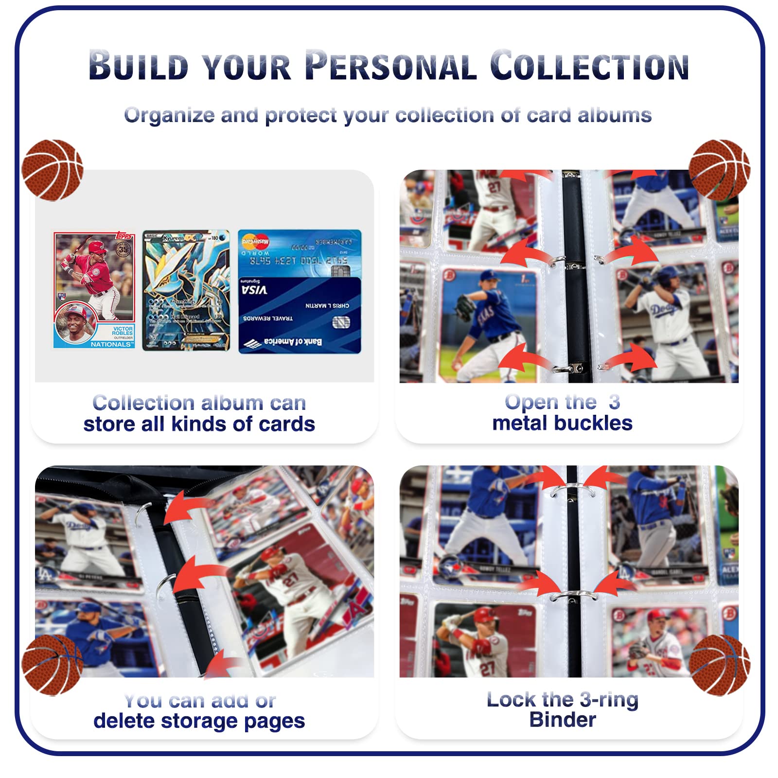 COARVXA 400 Cards Basketball Card Binder,4 Pocket with 400 Cards Trading Card Albums Sleeve Protectors,Card Storage Case Fits for Collecting Baseball,Hockey,Football,Basketball Or Gaming Trading Cards