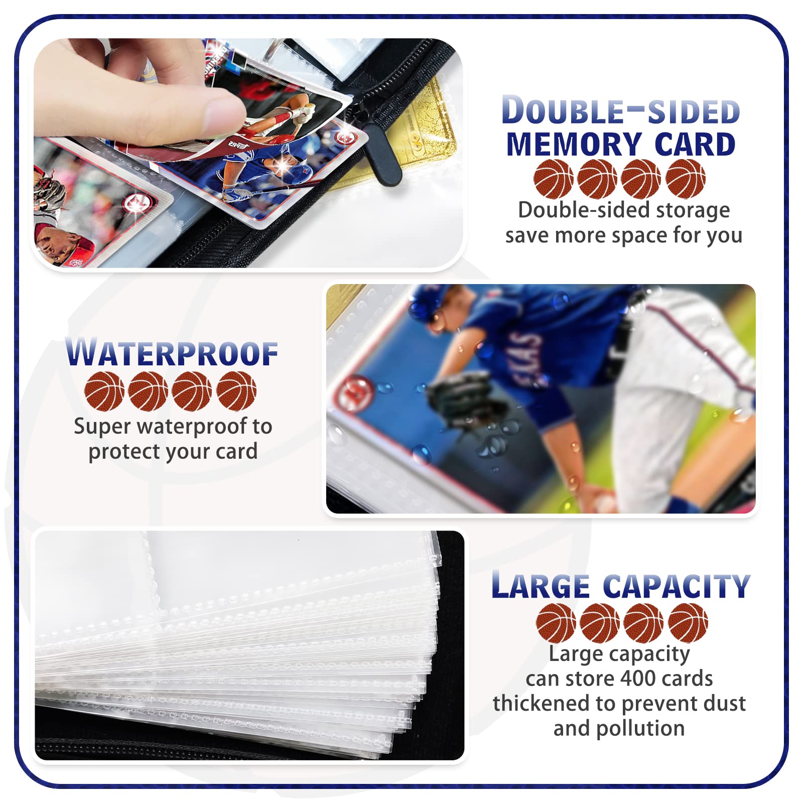 COARVXA 400 Cards Basketball Card Binder,4 Pocket with 400 Cards Trading Card Albums Sleeve Protectors,Card Storage Case Fits for Collecting Baseball,Hockey,Football,Basketball Or Gaming Trading Cards