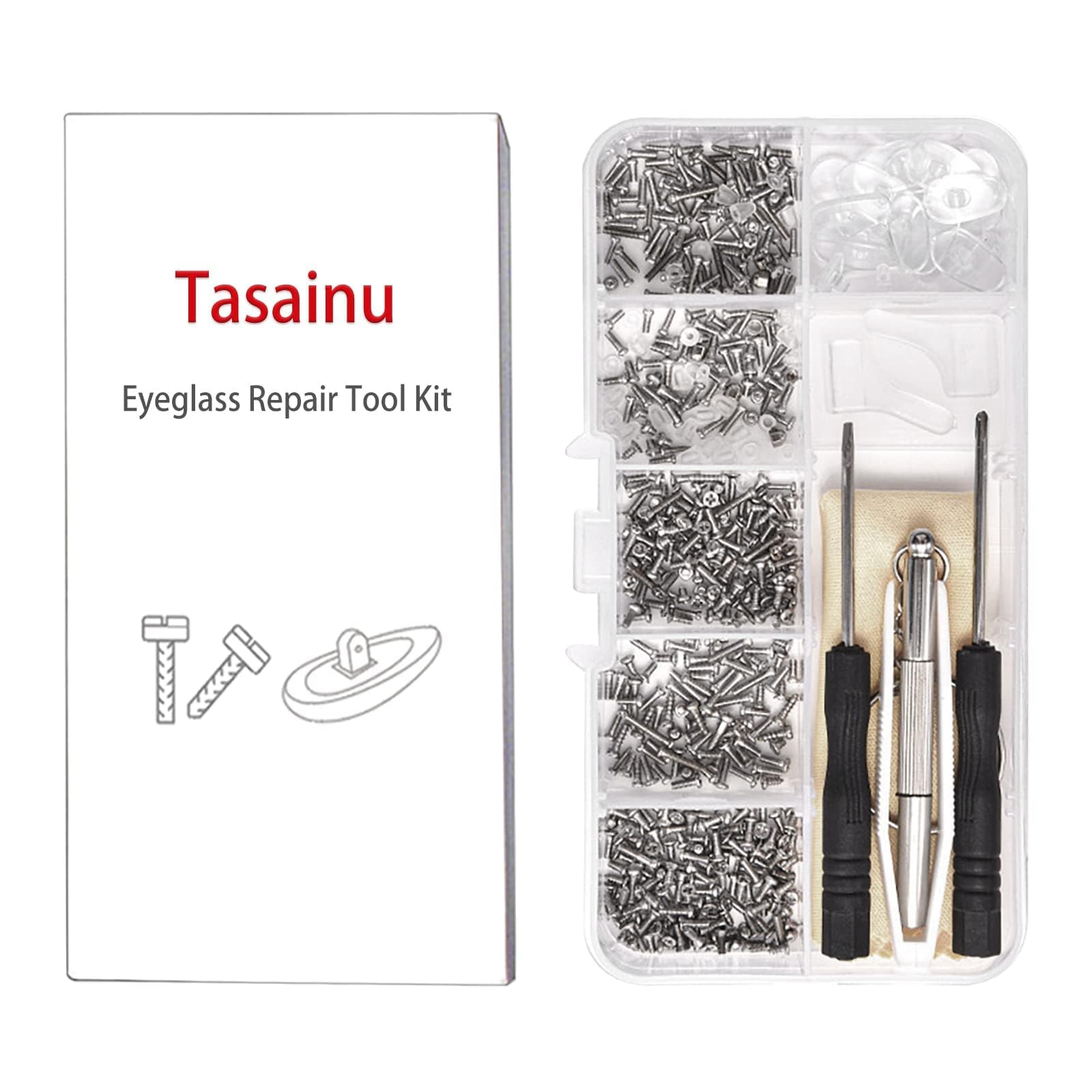 Tasainu Eyeglass Repair Kits, Eyeglass Repair Tools Kit Comes with 500 PCS of Glasses Screws, Silicone Nose Pads, Screwdriver Set and Screw Cap, Suitable The Repair of Most Styles of Glasses