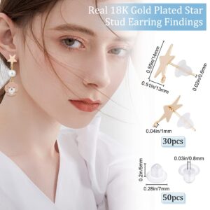 Beebeecraft 1 Box 30Pcs 18K Gold Plated Earring Findings with Loop Star Earring Posts with 50Pcs Clear Earring Backs for Mother's Day Women Girl Jewelry Making