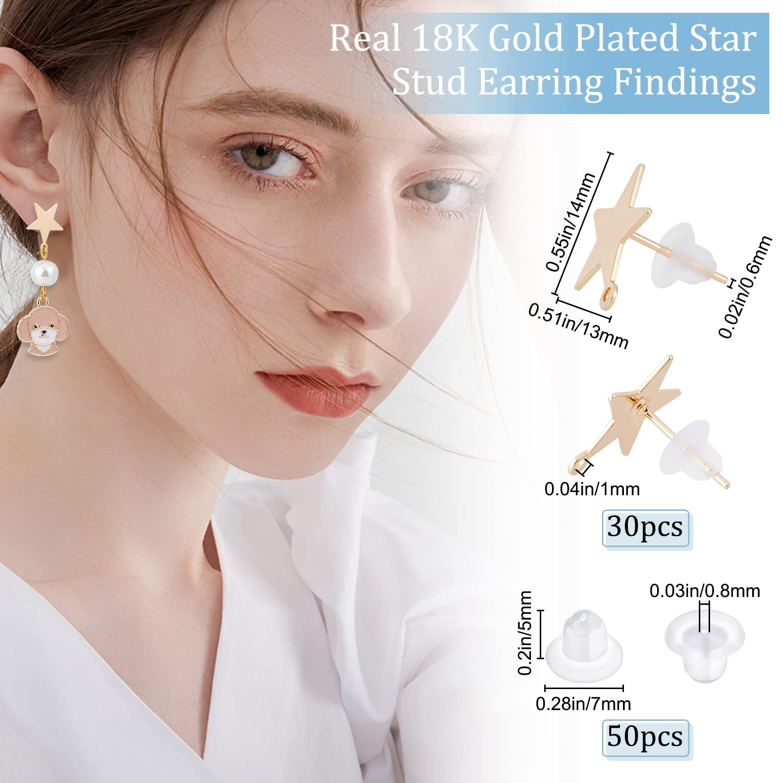 Beebeecraft 1 Box 30Pcs 18K Gold Plated Earring Findings with Loop Star Earring Posts with 50Pcs Clear Earring Backs for Mother's Day Women Girl Jewelry Making