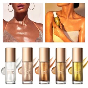 Melemando Moisturizing Body Luminizers 5 Colors Smooth and Shimmer Body Oil Long Lasting Liquid Body Highlighter for Face & Body & Leg (40ml, 03 Bronze Gold)