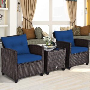 KOTEK 3 Piece Patio Furniture Set, Outdoor Conversation Set with Washable Cushions & Tempered Glass Tabletop, PE Rattan Wicker Bistro Set for Porch, Garden, Balcony (Navy Blue)