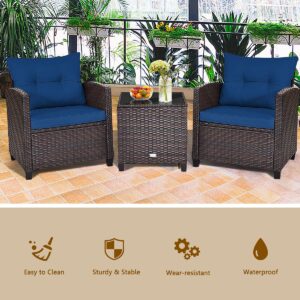 KOTEK 3 Piece Patio Furniture Set, Outdoor Conversation Set with Washable Cushions & Tempered Glass Tabletop, PE Rattan Wicker Bistro Set for Porch, Garden, Balcony (Navy Blue)