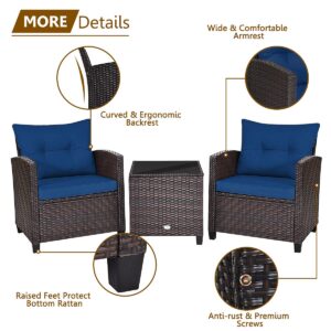 KOTEK 3 Piece Patio Furniture Set, Outdoor Conversation Set with Washable Cushions & Tempered Glass Tabletop, PE Rattan Wicker Bistro Set for Porch, Garden, Balcony (Navy Blue)