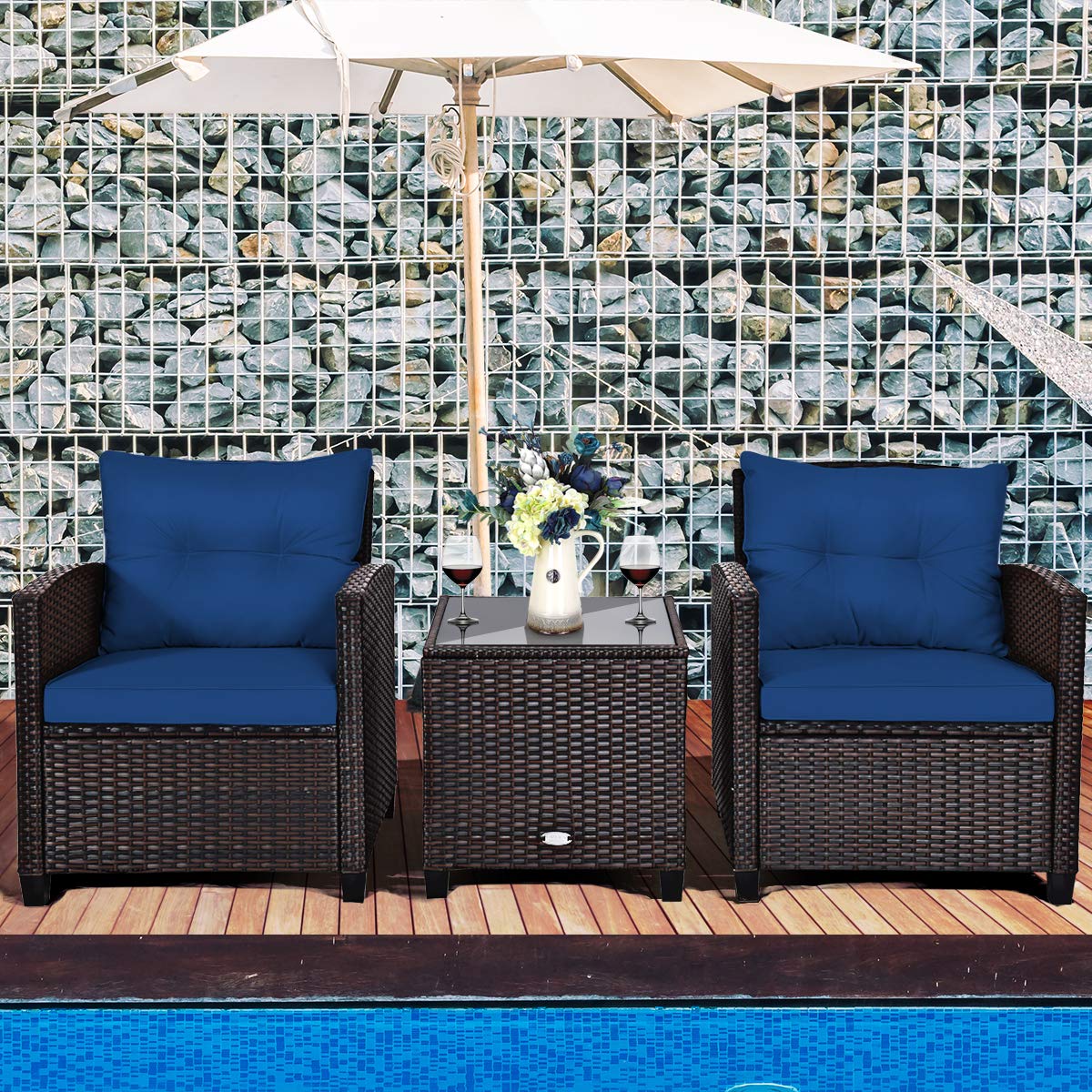 KOTEK 3 Piece Patio Furniture Set, Outdoor Conversation Set with Washable Cushions & Tempered Glass Tabletop, PE Rattan Wicker Bistro Set for Porch, Garden, Balcony (Navy Blue)