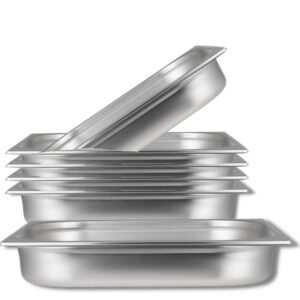 steelite international 7351mw108 square chafing dish food pan, stainless steel insert serving tray for 6 quart chafer, 12.75" x 14" x 2.5", set of 6