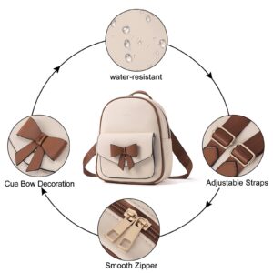 CLUCI Mini Backpack for Girls Cute Bowknot Small Leather Backpack Purse for Women Casual Daypack White With Brown