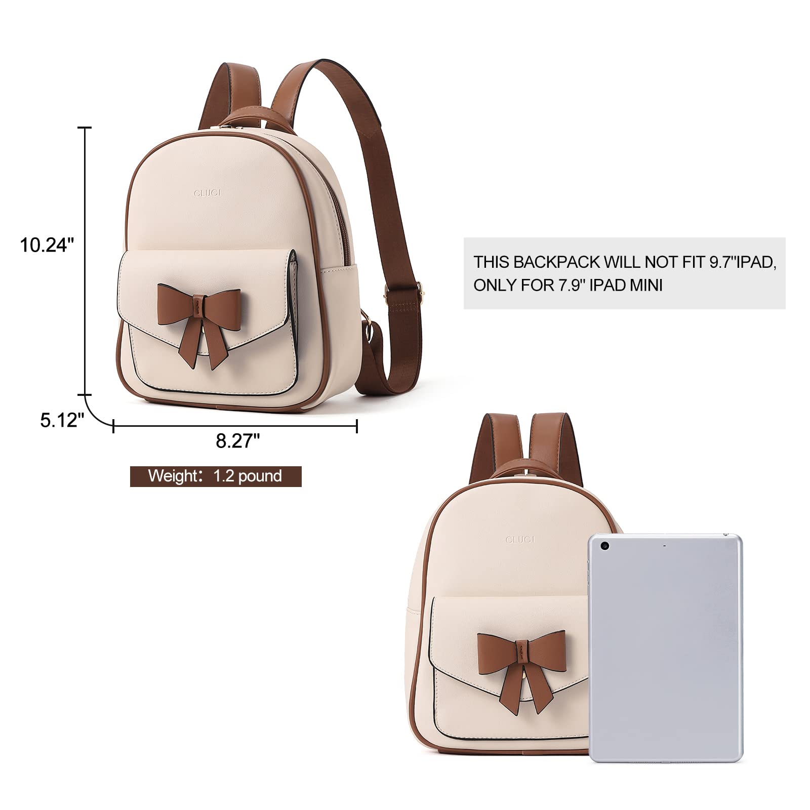 CLUCI Mini Backpack for Girls Cute Bowknot Small Leather Backpack Purse for Women Casual Daypack White With Brown