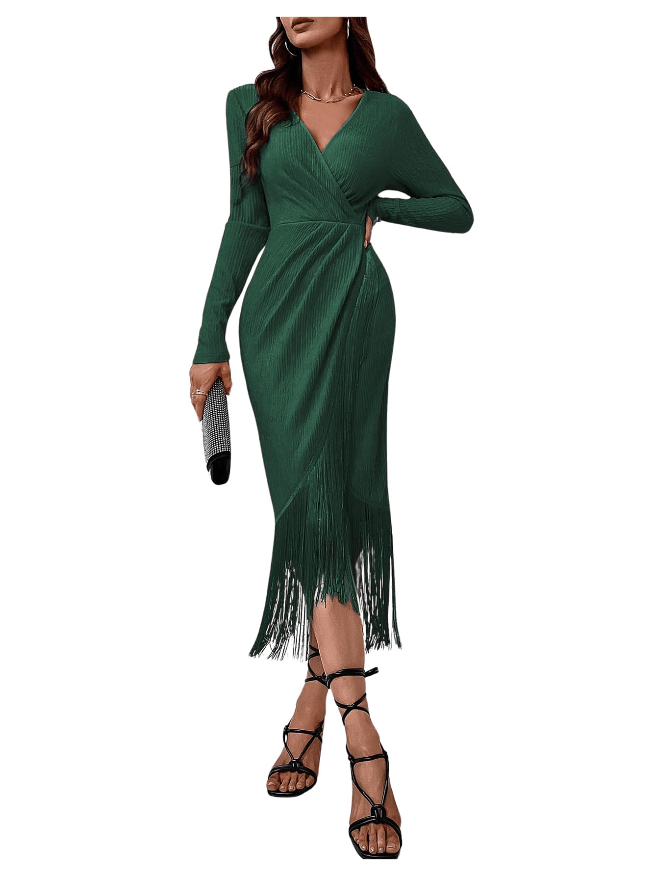 WDIRARA Women's Fringe Wrap Ruched V Neck Long Sleeve Solid Bodycon Party Maxi Dress Dark Green XL