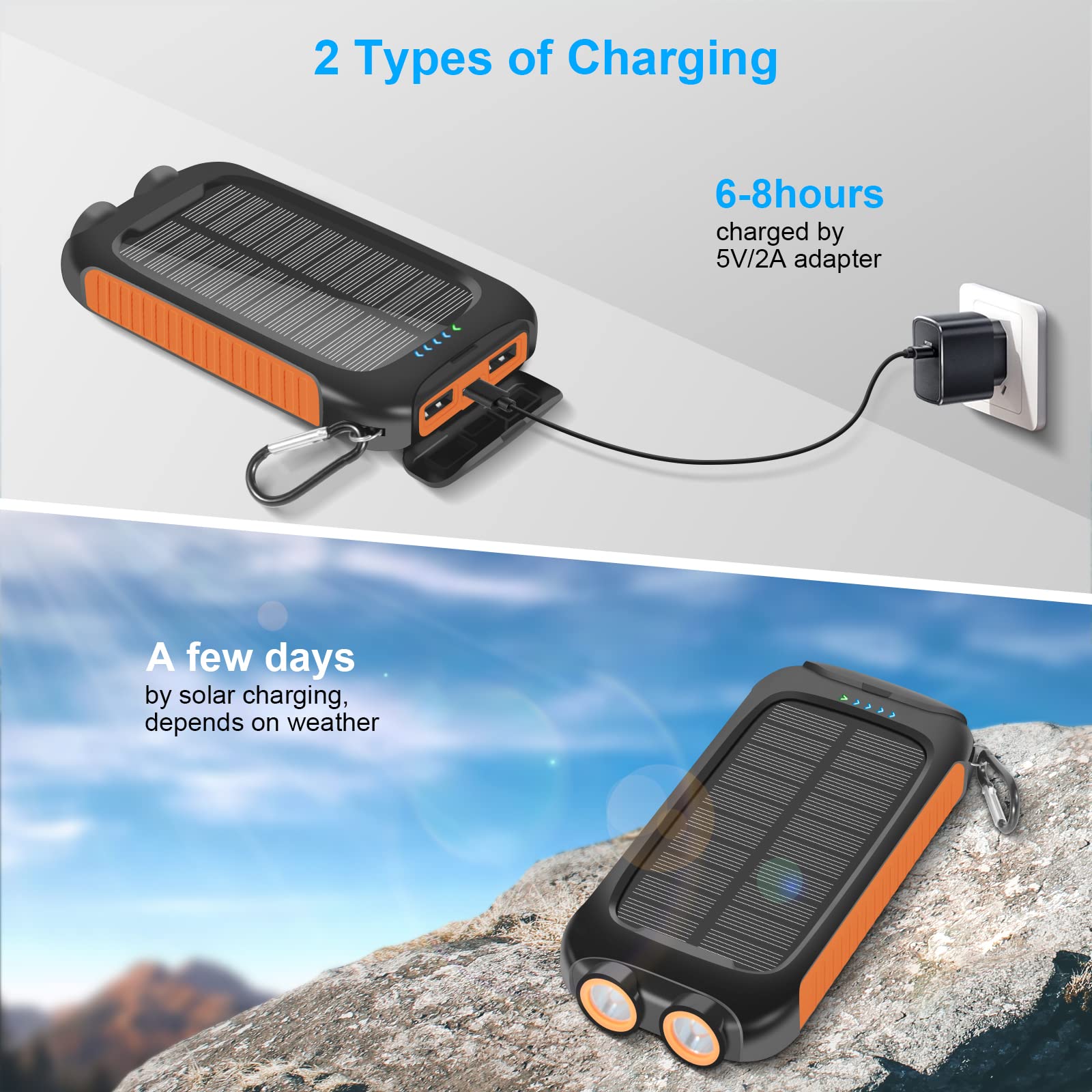 Luvknit Power-Bank-Solar-Charger - 10000mAh Power Bank, Portable Charger, External Battery Pack 5V/3A Type C Input Output Dual Built-in Super Bright Flashlight, Carabiner, Solar Panel Charging