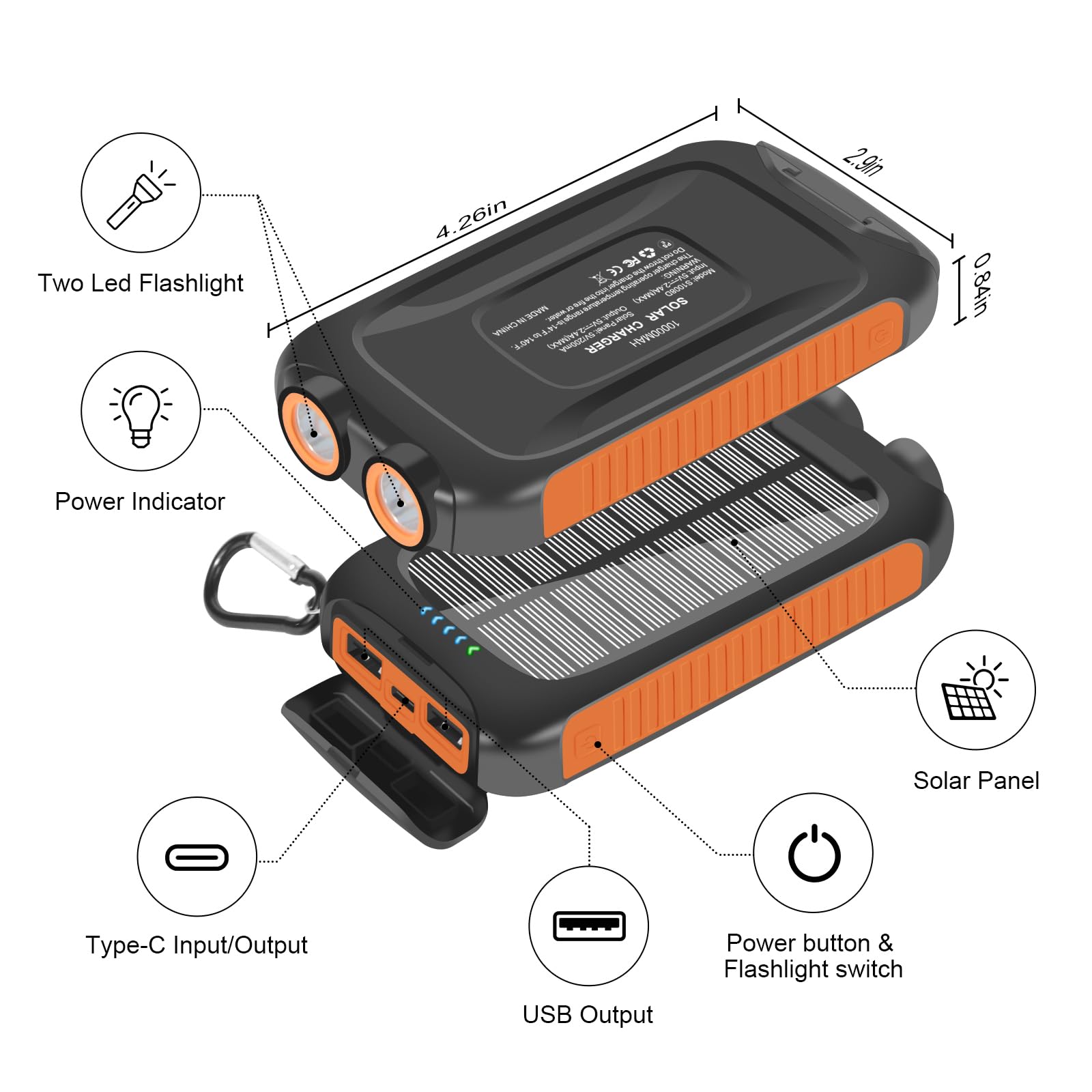 Luvknit Power-Bank-Solar-Charger - 10000mAh Power Bank, Portable Charger, External Battery Pack 5V/3A Type C Input Output Dual Built-in Super Bright Flashlight, Carabiner, Solar Panel Charging