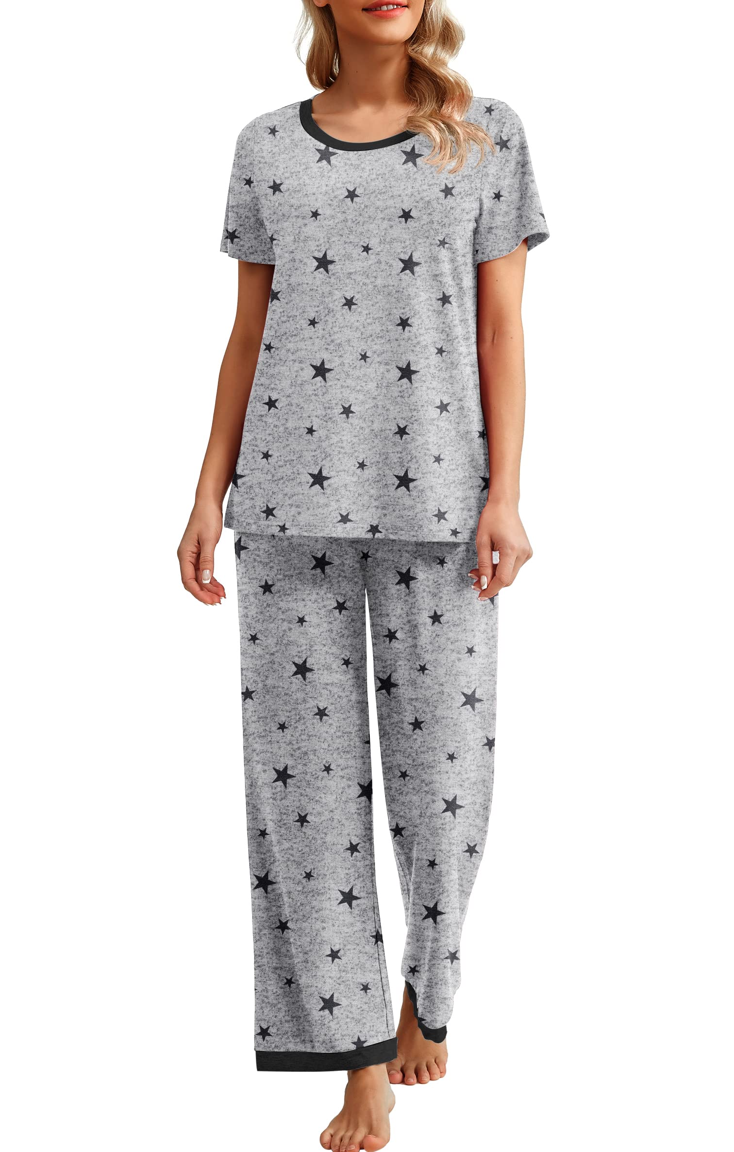 PrinStory 2024 Womens Pajama Set Short Sleeve Sleepwear Ladies Soft Pjs Lounge Set with Pockets Black Star Gray-L