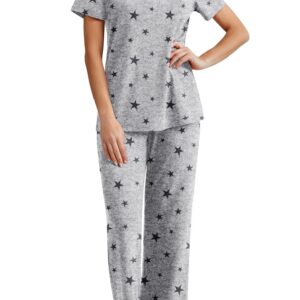 PrinStory 2024 Womens Pajama Set Short Sleeve Sleepwear Ladies Soft Pjs Lounge Set with Pockets Black Star Gray-L