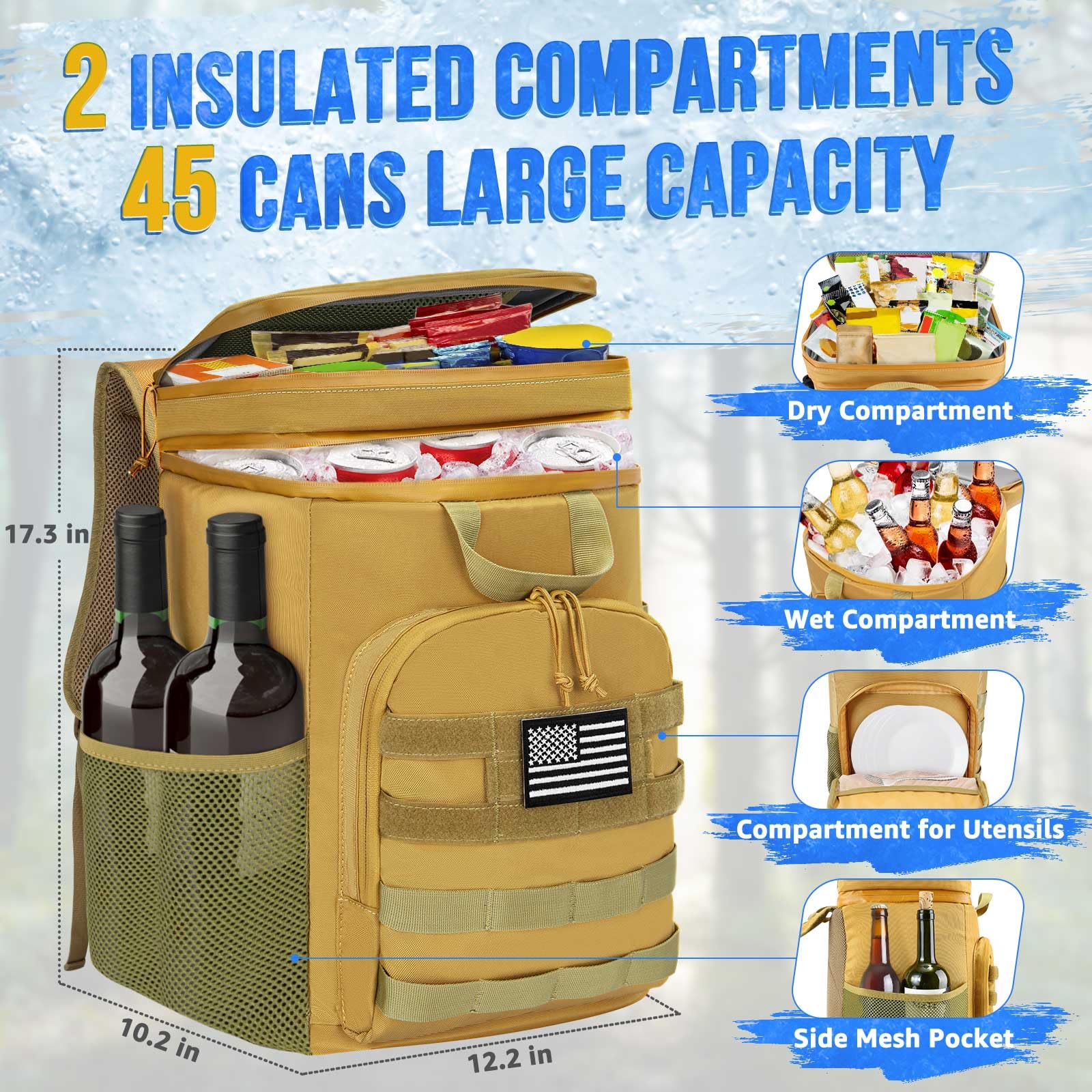 WOTOW Backpack Cooler Tactical Insulated 45 Cans - Leak Proof Cooler Backpack for Men Women, Large Capacity Soft Cooler Bag with Top Handles, Lunch Backpack Bag for Beach Hiking Picnics Work (Brown)