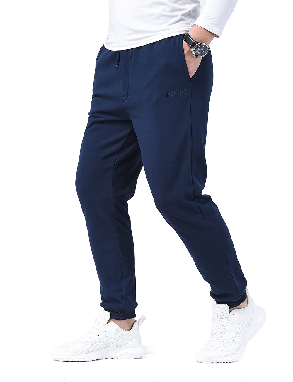 Zoulee Classic Drawstring-Waist Zipper Logo Jogger Pants with Zipper Fly Navy Blue 2XL