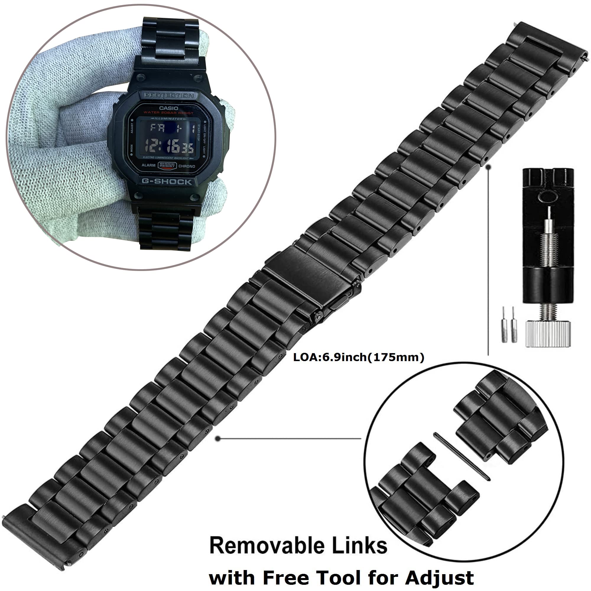 OTOPO Metal Watch Bands for Casio G-SHOCK DW-5600/8900, Solid Stainless Steel Metal Replacement Wristband Strap Men for Casio GA-100/GW-B5600/GB-5600 /GW-6900 (Black)