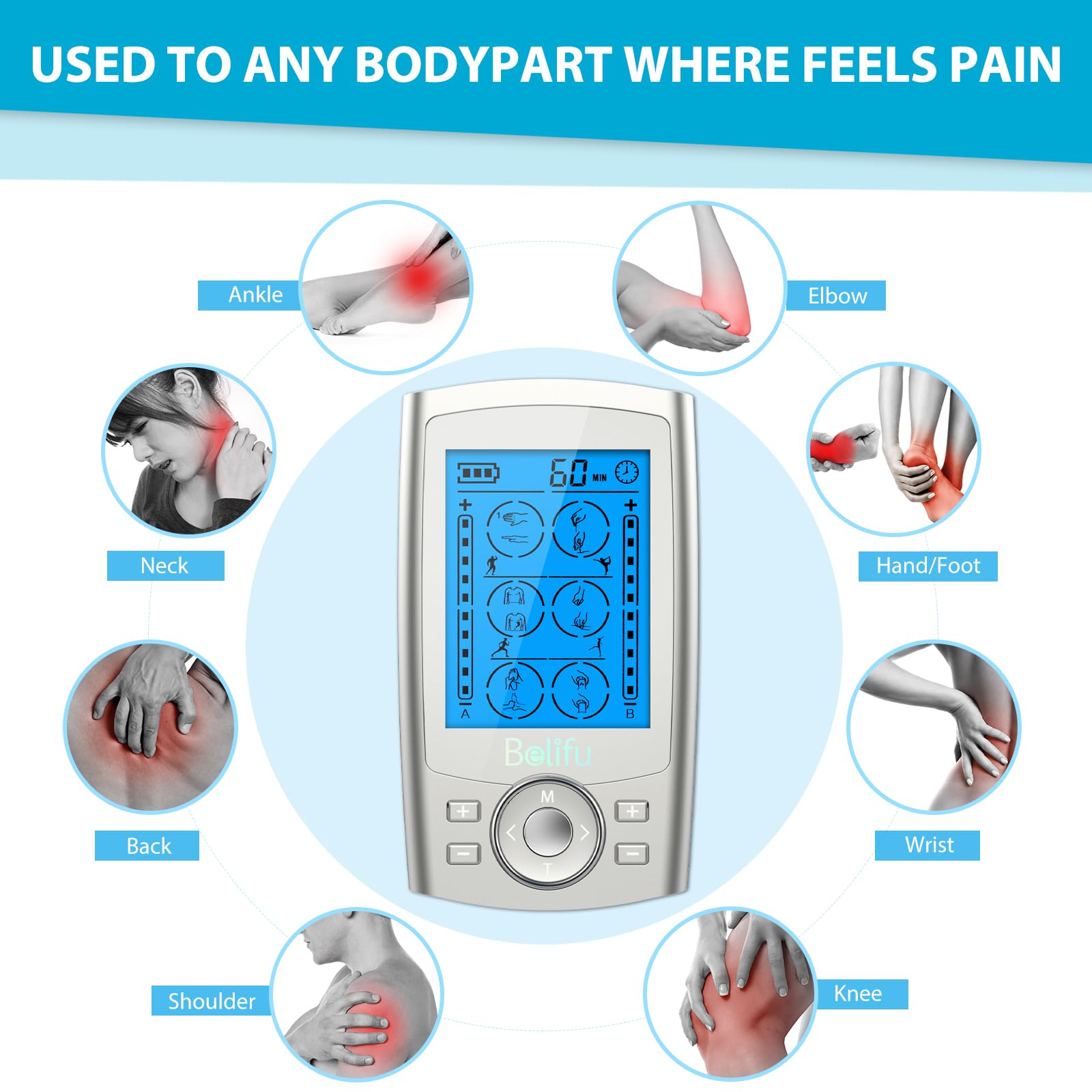 Belifu Dual Channel TENS EMS Unit 24 Modes Muscle Stimulator for Pain Relief Therapy, Electronic Pulse Massager Muscle Massager with 10 Pads, Dust-Proof Drawstring Storage Bag, Fastening Cable Ties