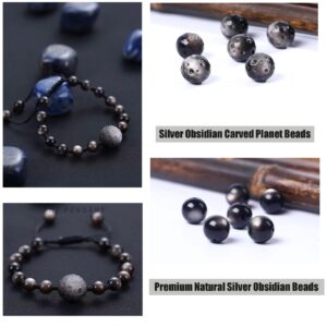 8MM Silver Obsidian Moon Bracelet - Solar System Planet Bracelet - Adjustable Beaded Bracelets For Teen Girls - Charm Bracelets Matching Bracelet Friendship Couple Bracelets