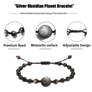 8MM Silver Obsidian Moon Bracelet - Solar System Planet Bracelet - Adjustable Beaded Bracelets For Teen Girls - Charm Bracelets Matching Bracelet Friendship Couple Bracelets