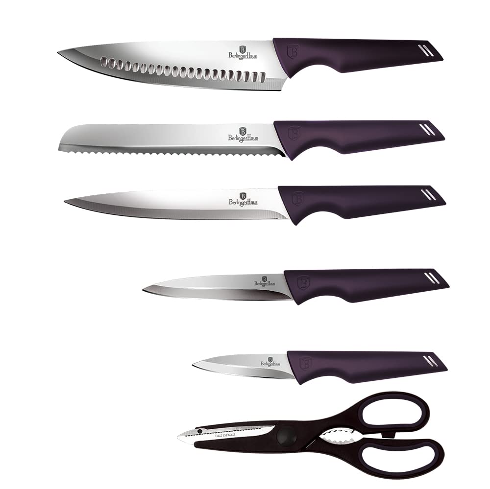 Berlinger Haus Kitchen Knife Set with Block, 7 Piece Knives Set for Kitchen, Modern Cooking Knives with Kitchen Shears, Sharp Cutting Stainless Steel Chef Knife Set with Mobile Stand, Purple