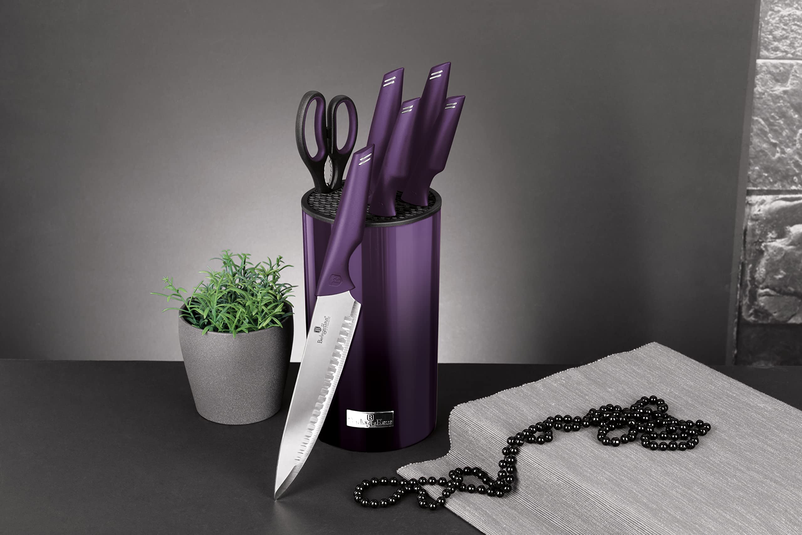 Berlinger Haus Kitchen Knife Set with Block, 7 Piece Knives Set for Kitchen, Modern Cooking Knives with Kitchen Shears, Sharp Cutting Stainless Steel Chef Knife Set with Mobile Stand, Purple