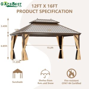 GAZEBEST 12'x16' Hardtop Gazebo Outdoor Aluminum Patio Gazebo Double Roof Galvanized Steel Gazebo Canopy with Netting and Curtains,for Garden Patio,Patio Backyard,Deck and Lawns