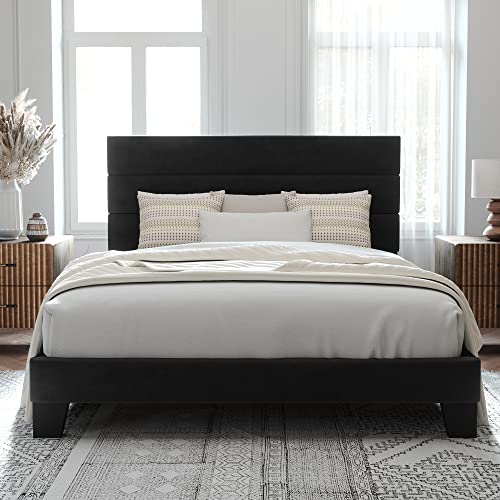 Allewie Queen Size Platform Bed Frame with Velvet Upholstered Headboard and Wooden Slats Support, Fully Upholstered Mattress Foundation/No Box Spring Needed/Easy Assembly, Black