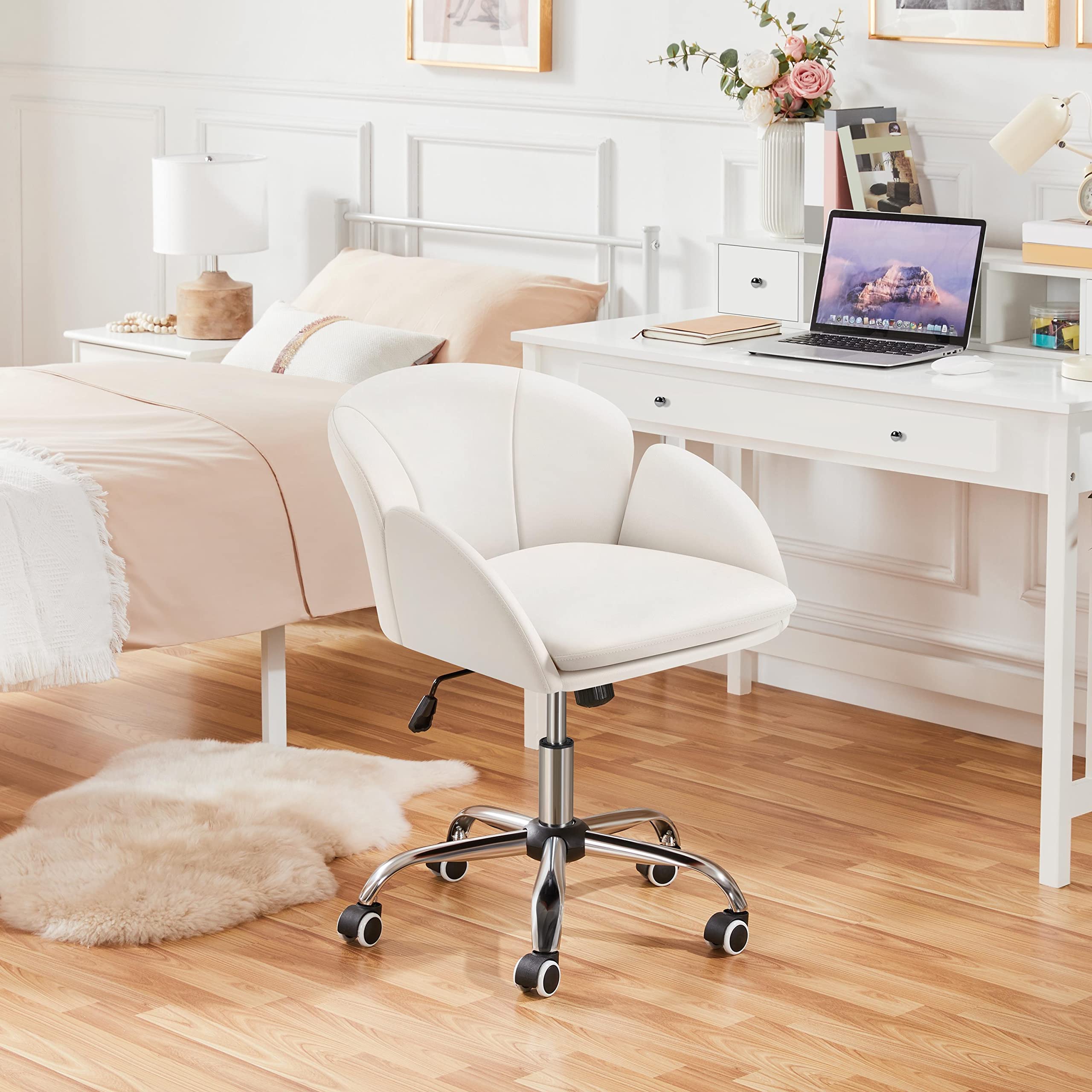 Yaheetech Cute Petal Desk Chair Home Office Swivel Upholstered Leather Makeup Vanity with Armrests for Bedroom Modern Computer Rolling Women White