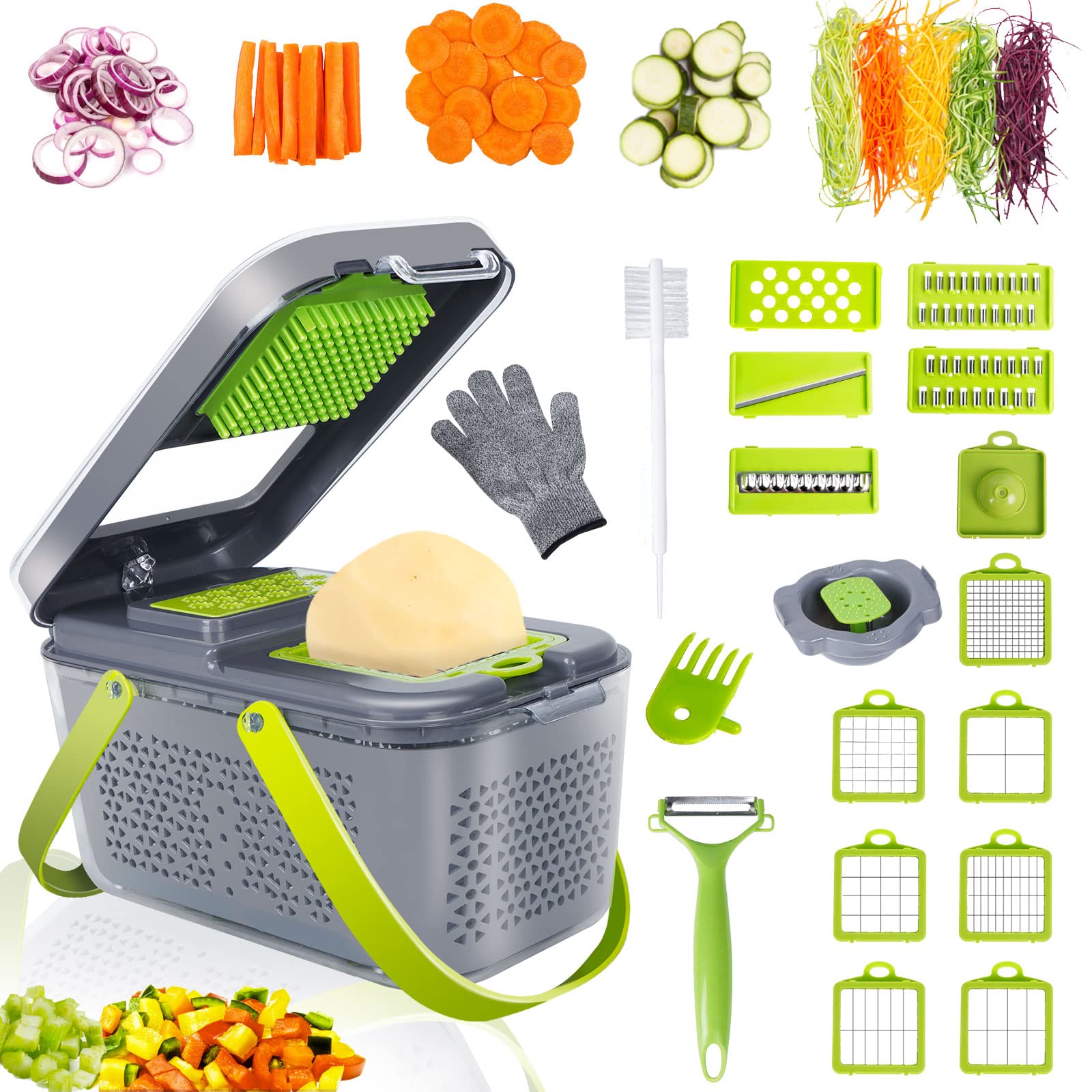 WTASUP Vegetable Cutter, Upgraded 22 Piece Kitchen Mandoline Slicer Grater, Dicer Chopper Cutter, Drain Basket, Kitchen Gadget Set with Containers, Kitchen Storage, Mother's Day Gift, Holiday Gift