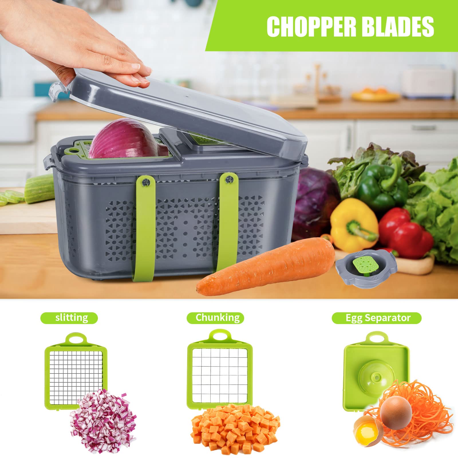 WTASUP Vegetable Cutter, Upgraded 22 Piece Kitchen Mandoline Slicer Grater, Dicer Chopper Cutter, Drain Basket, Kitchen Gadget Set with Containers, Kitchen Storage, Mother's Day Gift, Holiday Gift