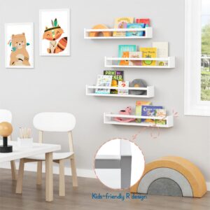 Forbena 24 Inch Wall Bookshelf for Kids Bedroom Set of 4, White Floating Nursery Book Shelves for Baby Toddler Children Girls Boys Room Decor, Large Wood Wall Mount Bookshelves and Toy Storage