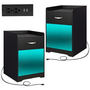 WEENFON Night Stand Set 2 with Charging Station and LED Lights, Nightstands with USB Ports & Outlets, Small Night Stands for Bedroom, Black