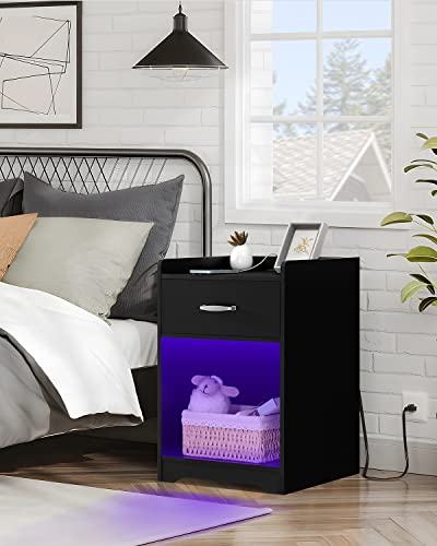 WEENFON Night Stand Set 2 with Charging Station and LED Lights, Nightstands with USB Ports & Outlets, Small Night Stands for Bedroom, Black