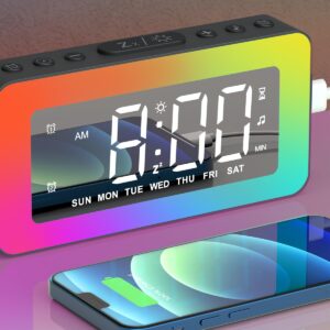 Kids Alarm Clock for Bedroom, Mirrored Digital Clock with 8 RGB Night Lights, 0%-100% Dimmable, Sleep Aid, 8 Sleep Sounds, Dual Alarms, Snooze, USB Charger, Ideal Gifts for Teenage Boys Girls