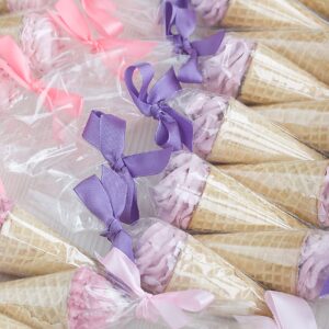 Morepack Cone Treat Bags, 100Pcs, 7x15 Inches, Clear Cellophane, with Twist Ties, for Treats, Popcorn, Candy, Party Favors