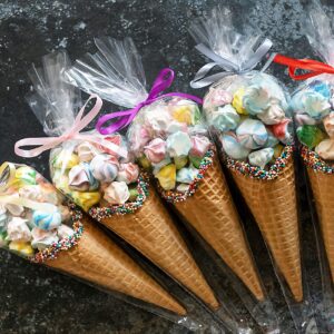 Morepack Cone Treat Bags, 100Pcs, 7x15 Inches, Clear Cellophane, with Twist Ties, for Treats, Popcorn, Candy, Party Favors