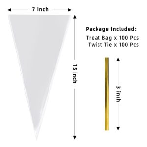 Morepack Cone Treat Bags, 100Pcs, 7x15 Inches, Clear Cellophane, with Twist Ties, for Treats, Popcorn, Candy, Party Favors