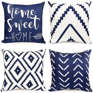 decorative throw pillow covers 18x18 inch blue pillow covers for couch sofa living room bedroom car,farmhouse outdoor throw pillow cover,modern geometric linen square throw pillow case set of 4