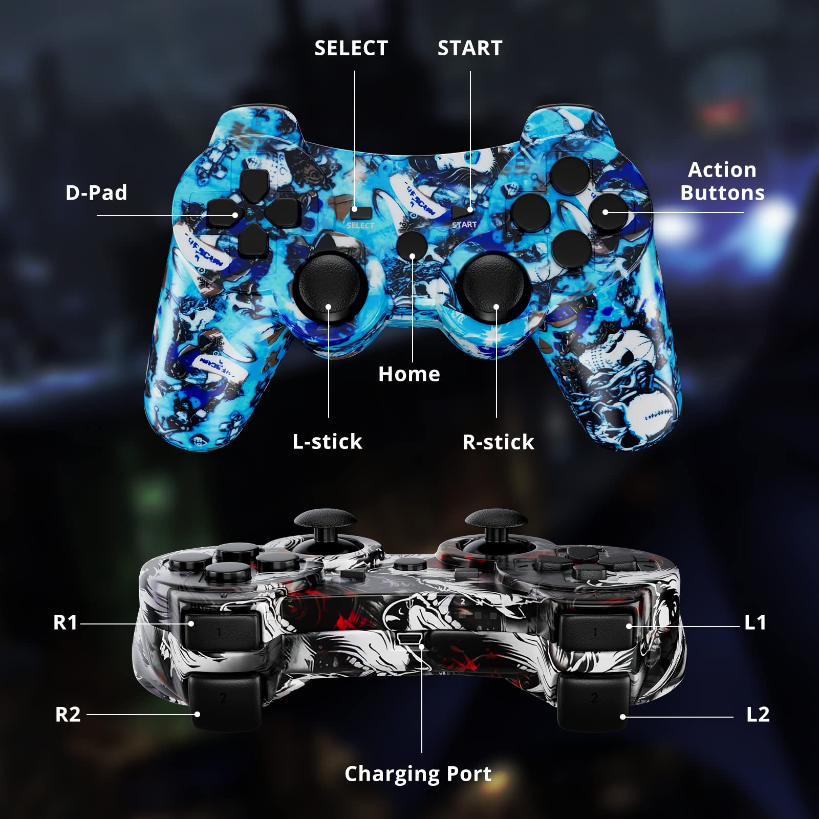 Boowen Wireless Controller for PS3, Controller for Sony PlayStation 3, 6-Axis High-Performance Motion Sense Dual Vibration Upgraded Gaming Controller, Compatible with PlayStation 3(Cyberpunk+Wolf)