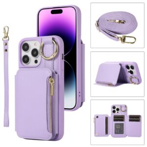 furiet wallet case for iphone 13 pro 6.1 inch with wrist and shoulder strap card holder ring stand flip zipper leather 6+ slots rfid phone cover for iphone13pro 5g i i-phone i13 iphone13 13pro purple