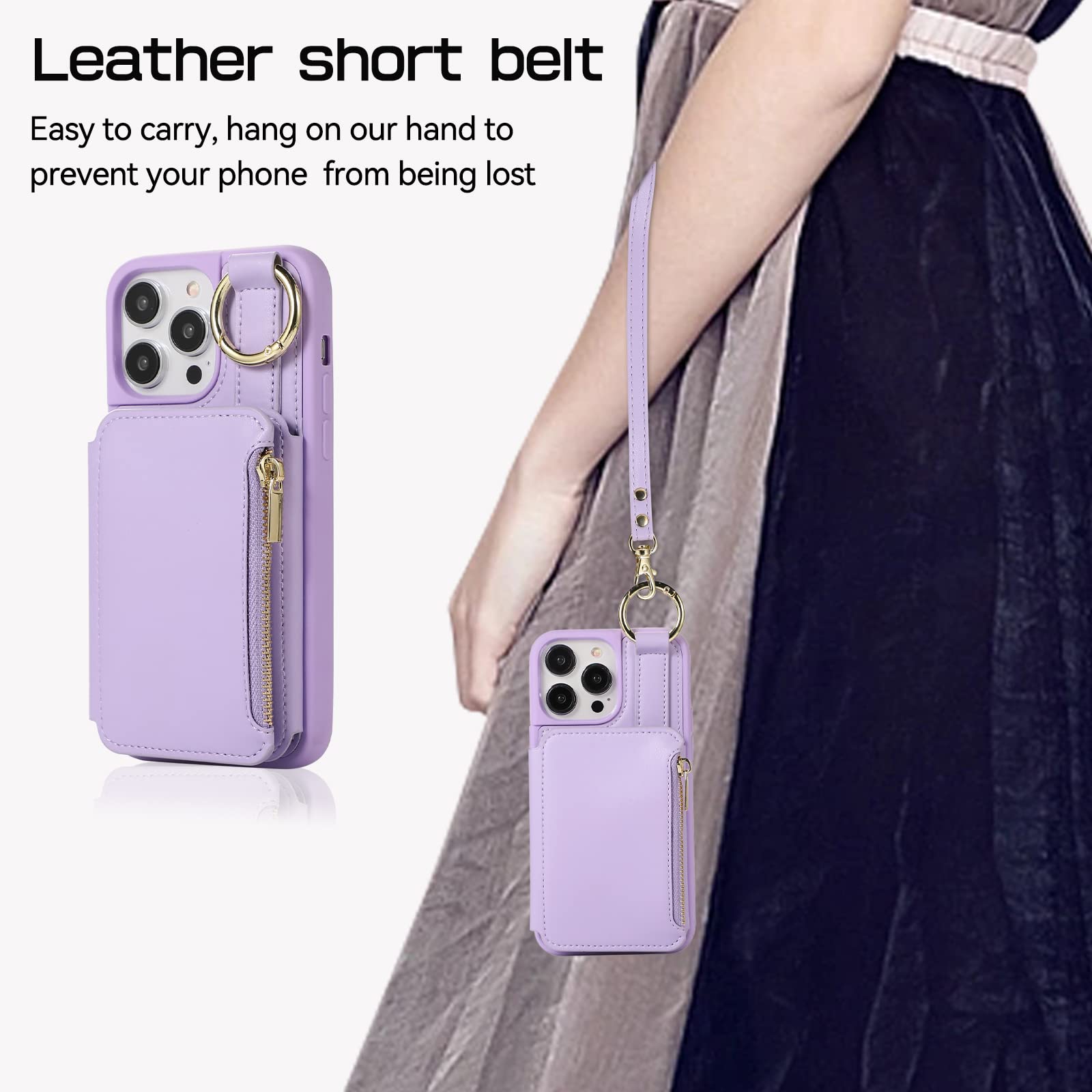 Furiet Wallet Case for iPhone 13 Pro 6.1 inch with Wrist and Shoulder Strap Card Holder Ring Stand Flip Zipper Leather 6+ Slots RFID Phone Cover for iPhone13Pro 5G i i-Phone i13 iPhone13 13Pro Purple