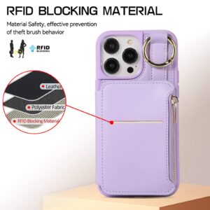 Furiet Wallet Case for iPhone 13 Pro 6.1 inch with Wrist and Shoulder Strap Card Holder Ring Stand Flip Zipper Leather 6+ Slots RFID Phone Cover for iPhone13Pro 5G i i-Phone i13 iPhone13 13Pro Purple