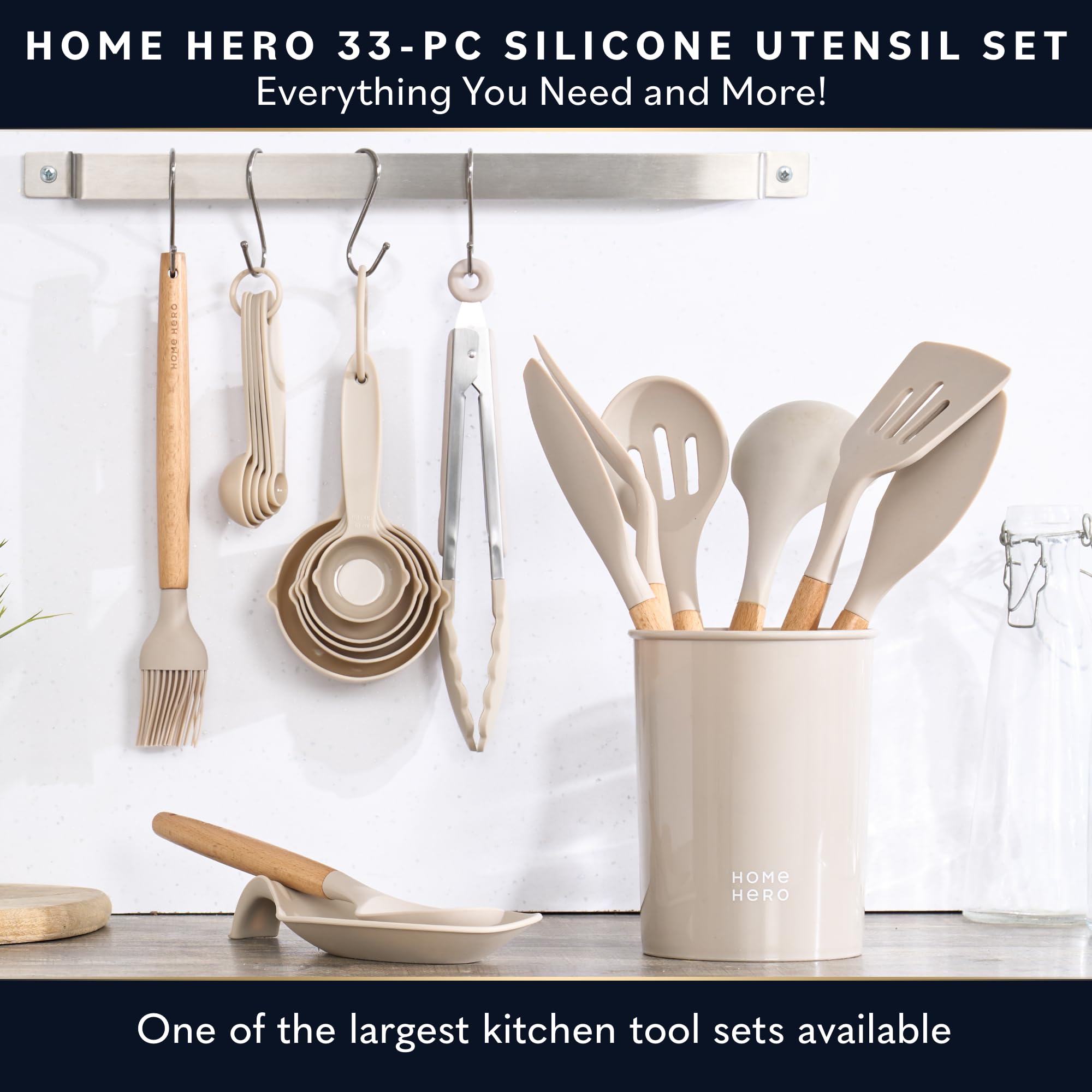 Home Hero 33 Pcs Kitchen Cooking Utensils Set, Non-Stick Silicone Cooking Kitchen Utensils Spatula Set with Holder, Wooden Handle Silicone Kitchen Gadgets Utensil Set (33 Pcs - Khaki)