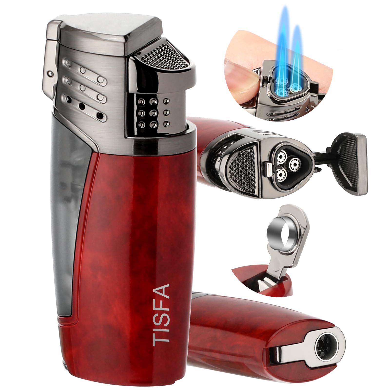 TISFA Torch Lighter Triple Jet Flame Cigar Lighter, Refillable Butane Lighter with Built in Cigar Punch and Fuel Visible Window, Adjustable Windproof Pocket Lighters for Smoking with Gift Box (Red)