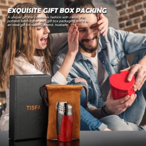 TISFA Torch Lighter Triple Jet Flame Cigar Lighter, Refillable Butane Lighter with Built in Cigar Punch and Fuel Visible Window, Adjustable Windproof Pocket Lighters for Smoking with Gift Box (Red)