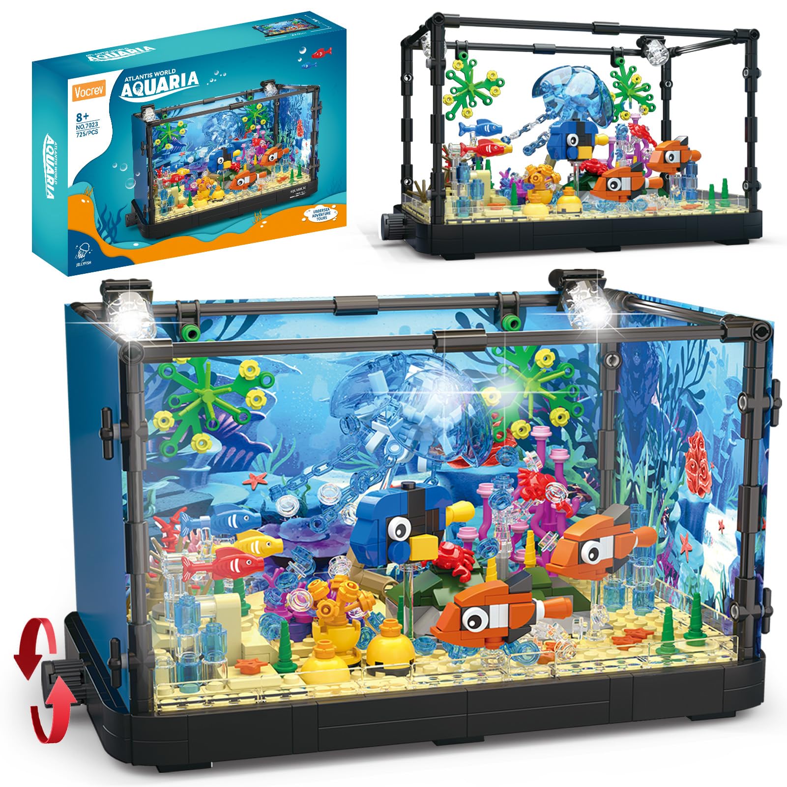 Vocrev Fish Tank Building Block Set for Adults and Kids Lighting Aquarium Building Block Toys for Boys Girls Age 8-14 Including Ocean Jellyfish, Turtle, Dolphin, Crab, Fish 725pcs - Jellyfish