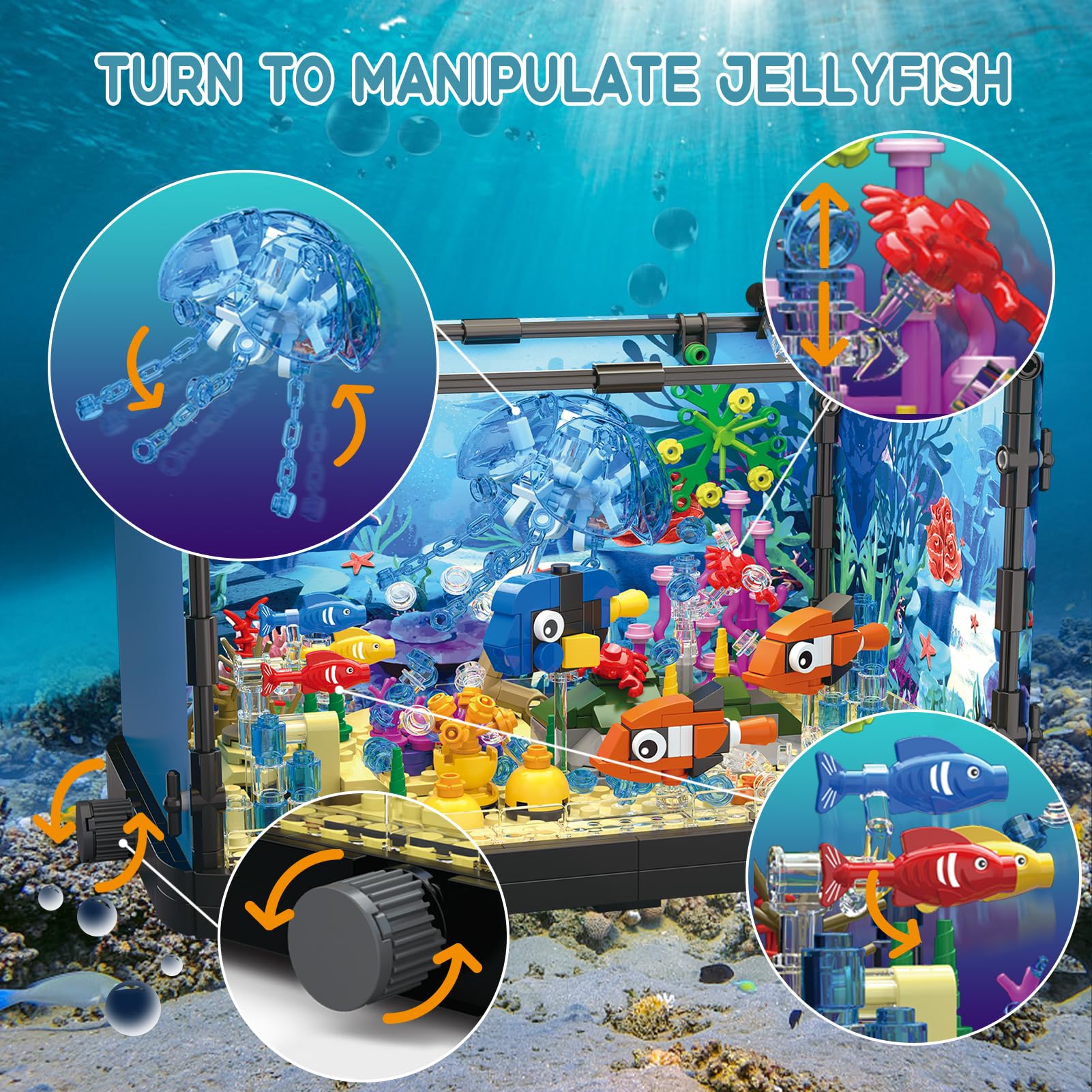 Vocrev Fish Tank Building Block Set for Adults and Kids Lighting Aquarium Building Block Toys for Boys Girls Age 8-14 Including Ocean Jellyfish, Turtle, Dolphin, Crab, Fish 725pcs - Jellyfish